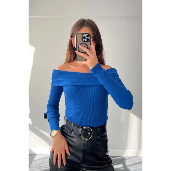 Kadın Mavi Rengi Madonna Yaka Fitilli Kaşkorse Bluz