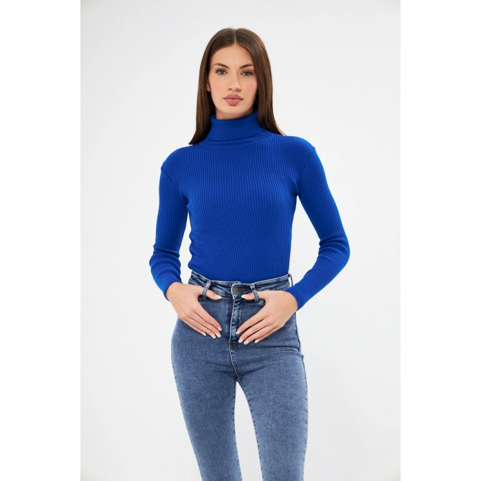 Kadın Saks Uzun Kollu Balıkçı Yaka Triko Kazak