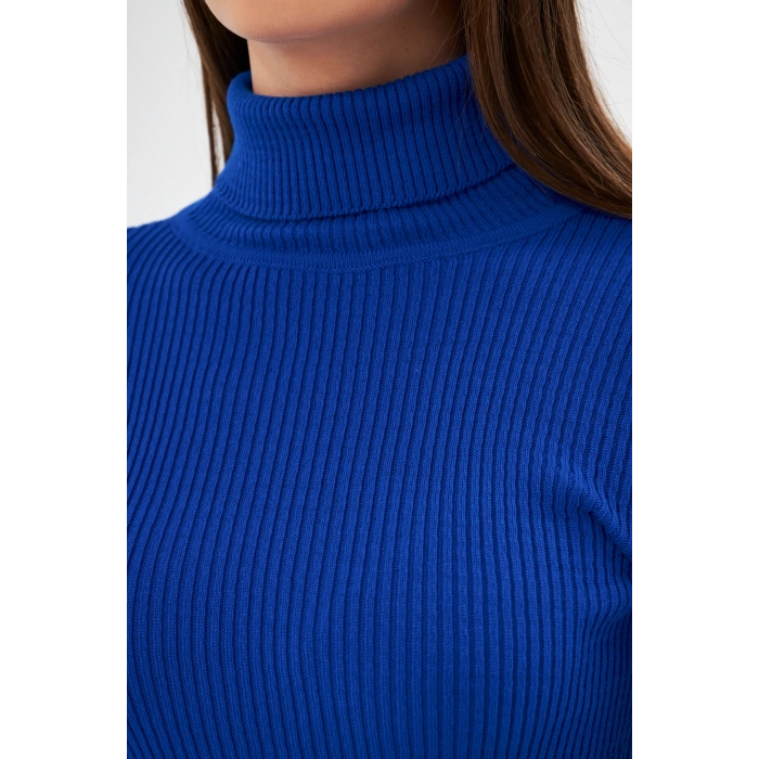 Kadın Saks Uzun Kollu Balıkçı Yaka Triko Kazak