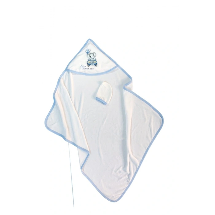 Mavi Başlıklı Erkek Bebek Havlusu Yenidoğan Kundak Bornoz Doğal Pamuk