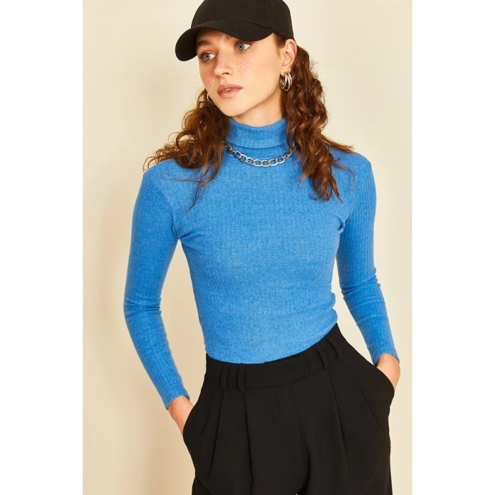 Uzun Kollu Tam Boğazlı Fitilli Body Saks Mavi