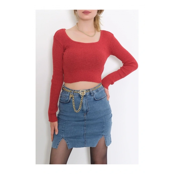 Kare Yaka Uzun Kollu Crop Bluz, Parmak Geçmeli