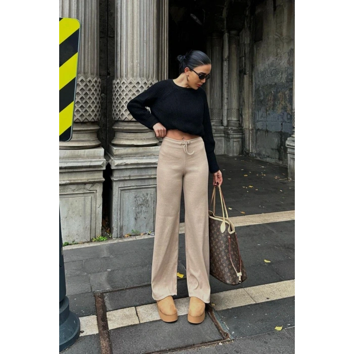 İspanyol Paça Fitilli Bağcıklı Pantolon Bej