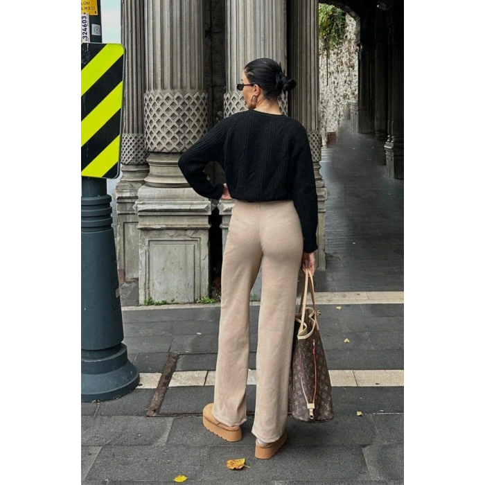 İspanyol Paça Fitilli Bağcıklı Pantolon Bej