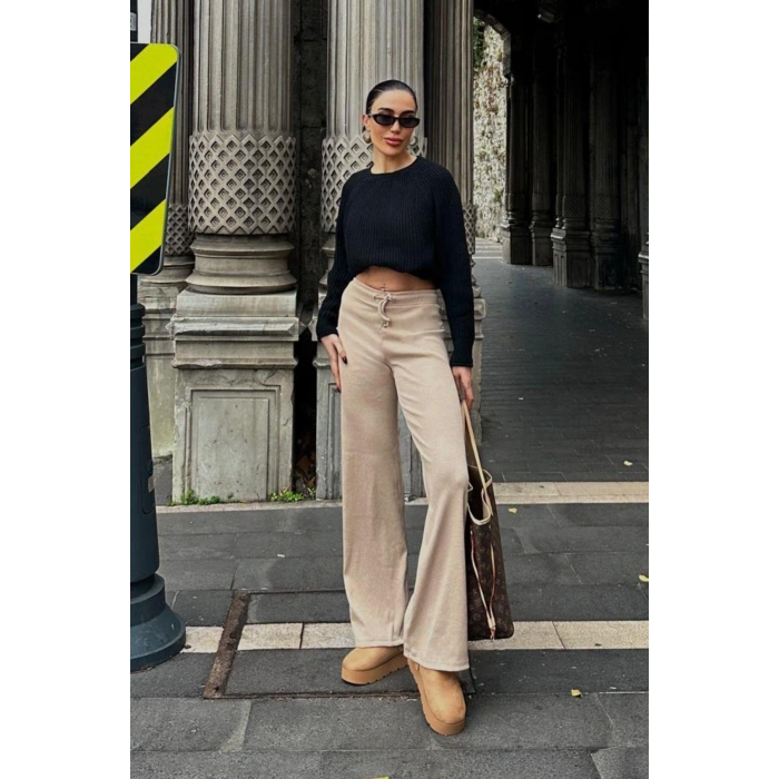 İspanyol Paça Fitilli Bağcıklı Pantolon Bej