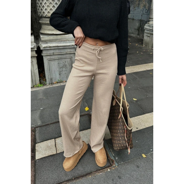 İspanyol Paça Fitilli Bağcıklı Pantolon Bej