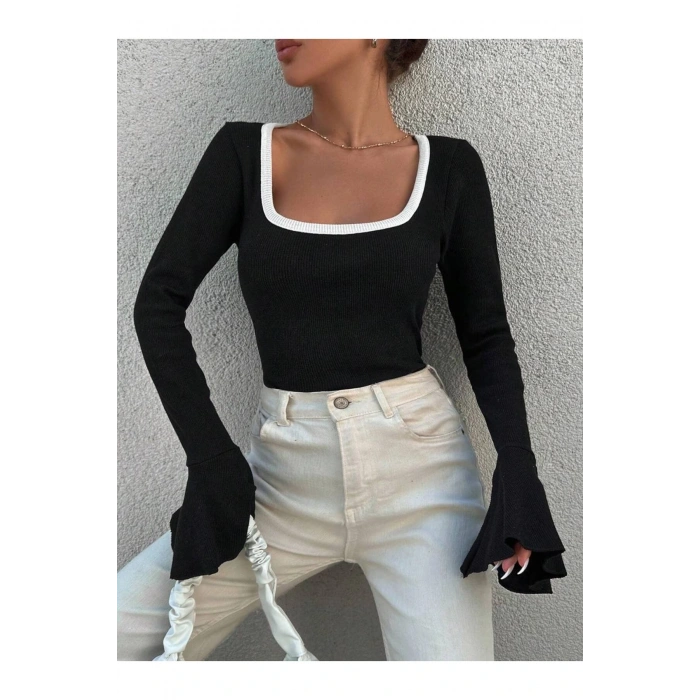 KADIN-KARE YAKA BALON KOL KAŞKORSE BLUZ