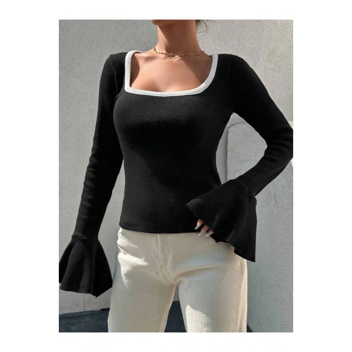 KADIN-KARE YAKA BALON KOL KAŞKORSE BLUZ