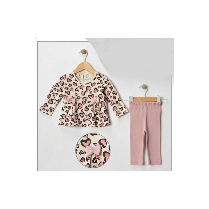 Leoparlı Kalp Baskılı Kurdeleli Kız Bebek 2Li Taytlı Takım