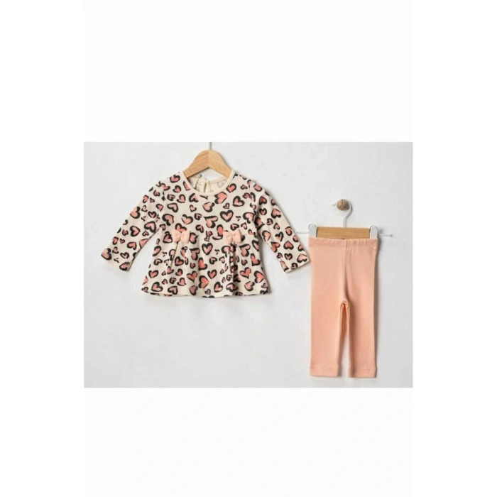 Leoparlı Kalp Baskılı Kurdeleli Kız Bebek 2Li Taytlı Takım