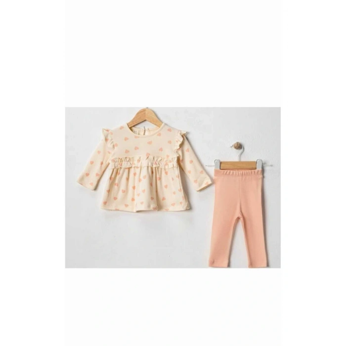 Kalp Baskılı Kız Bebek 2Li Taytlı Takım