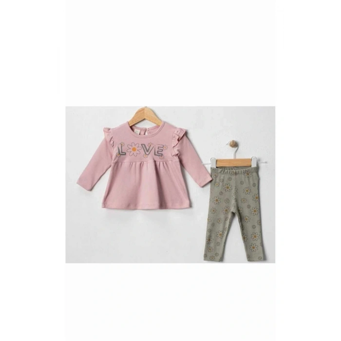 Love Baskılı Kız Bebek 2Li Taytlı Takım