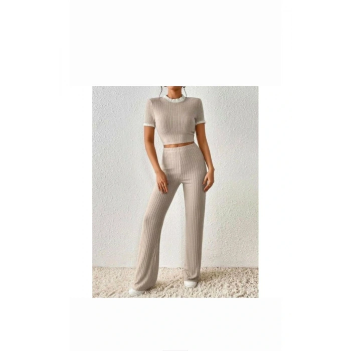 Kadın Kisa Kol Crop Yüksek Bel Bol Paça Kaşkorse Takım