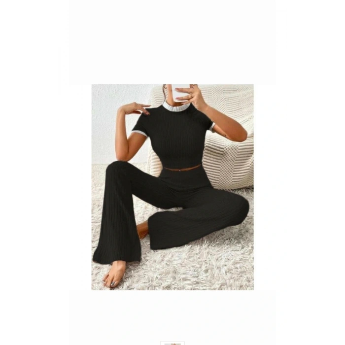 Kadın Kisa Kol Crop Yüksek Bel Bol Paça Kaşkorse Takım