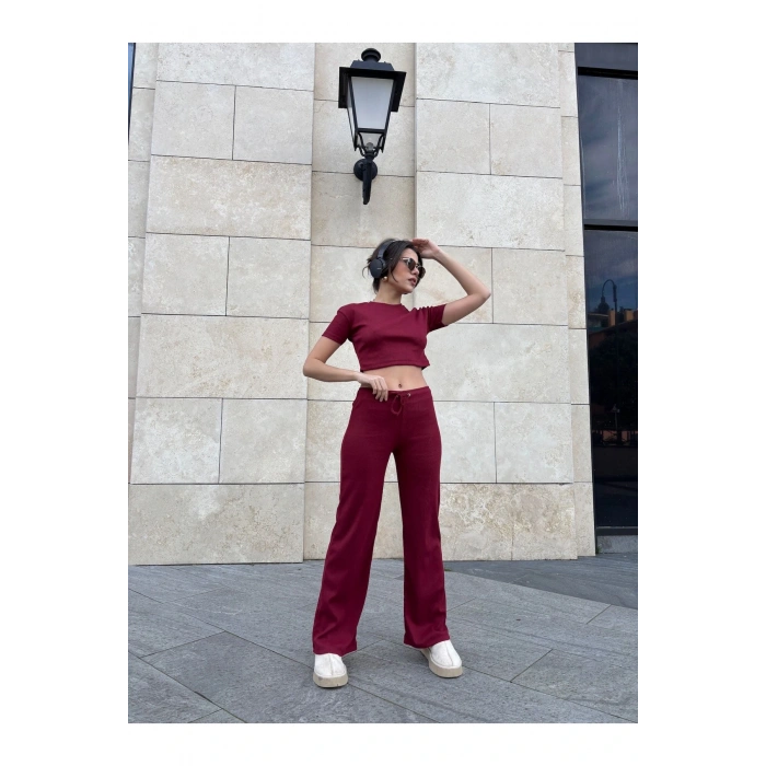 Kadın KIsa Kol Crop Yüksek Bel Bol Paça Kaşkorse Takım