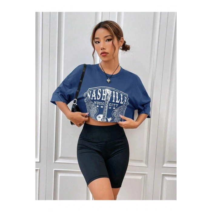 Kadın Gitar Baskılı Oversize Crop T-shirt