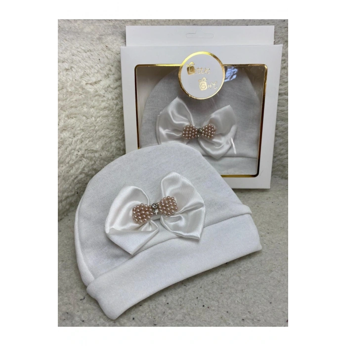 Pamuklu Şık ve Rahat Papyon Nakışlı Tasarım Bebek Beresi