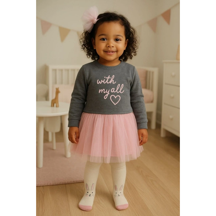 Tütülü 2 İp Şardonlu Elbise+Külotlu Çorap+Fiyonklu Tül Saç Bandı