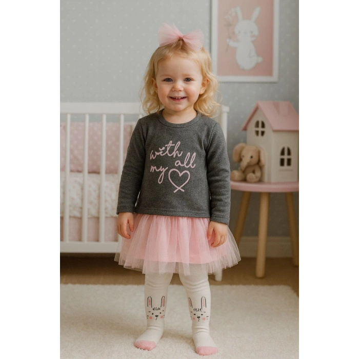 Tütülü 2 İp Şardonlu Elbise+Külotlu Çorap+Fiyonklu Tül Saç Bandı