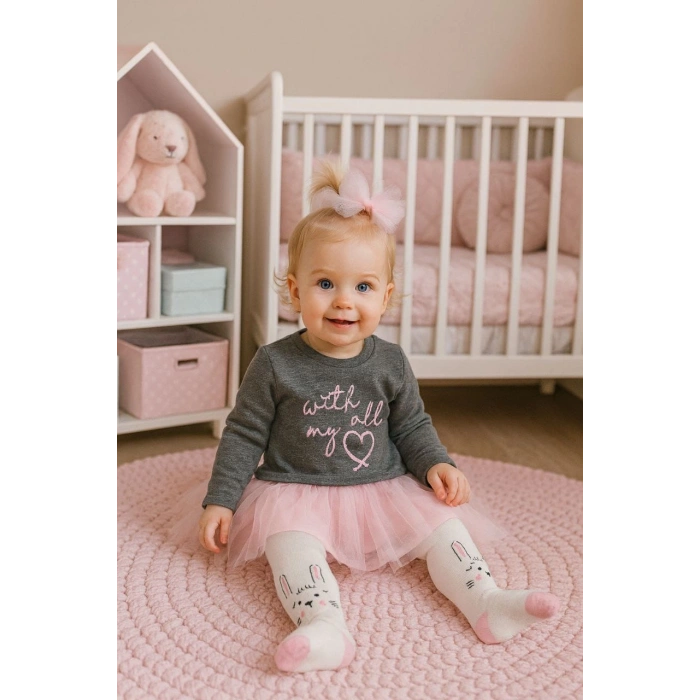 Tütülü 2 İp Şardonlu Elbise+Külotlu Çorap+Fiyonklu Tül Saç Bandı