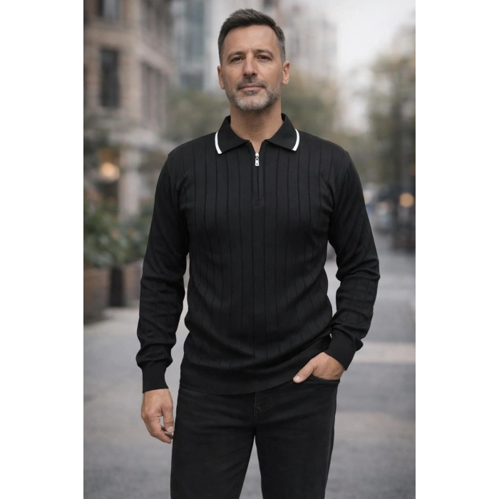 Erkek Çizgili Polo Yaka Fermuarlı Sweatshirt