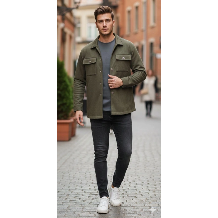 Kapaklı Cepli Düğmeli Uzun Kollu Regular Fit Kaşe Gömlek Ceket