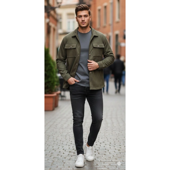 Kapaklı Cepli Düğmeli Uzun Kollu Regular Fit Kaşe Gömlek Ceket