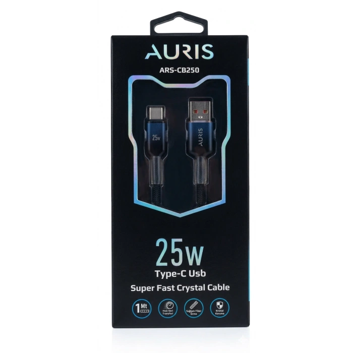 AURIS CB250 25W Type-C Kristal Hasır Kablo Siyah