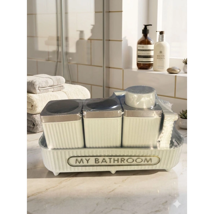 Bambu Aksesuar Detaylı Sabunluk Banyo Seti Siyah
