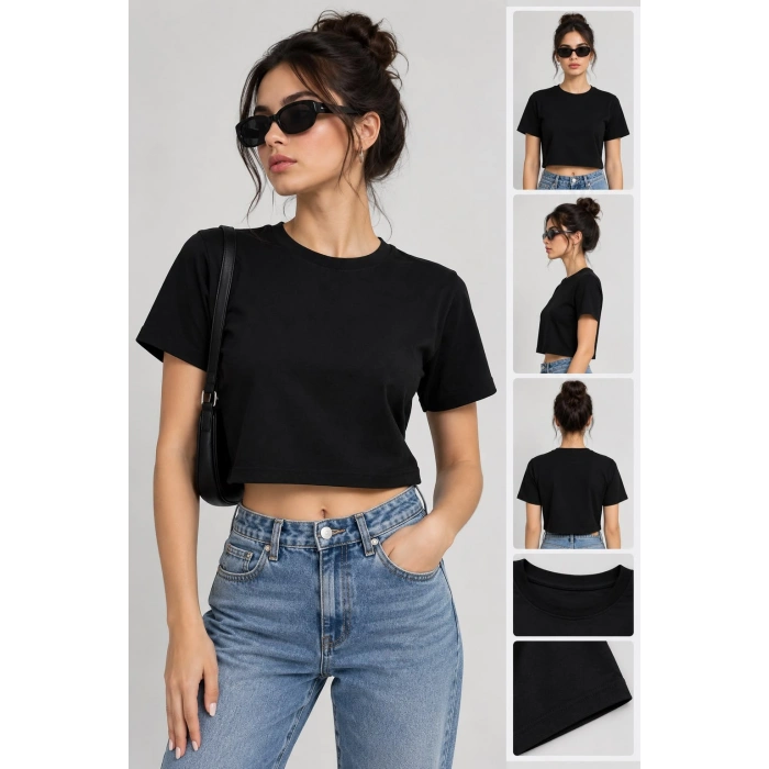 BİSİKLET YAKA KISA KOLLU CROP TİŞÖRT