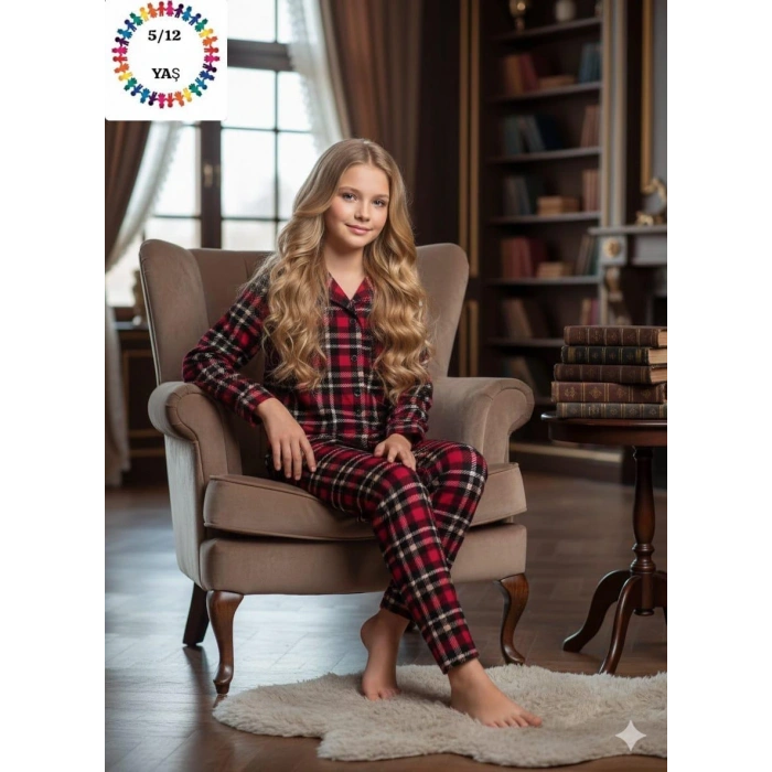 Çocuk Unisex Ekose Süet Pijama Takımı