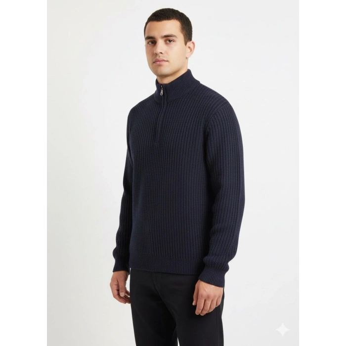 Lacivert Yarım Fermuarlı Triko Kazak