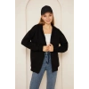 %100 Pamuklu Kapşonlu Unisex Siyah Fermuarlı Cepli Hırka Şardonlu 3 iplik Kışlık