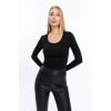 Kadın Siyah Bisiklet Yaka Uzun Kollu Crop Bluz