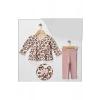 Leoparlı Kalp Baskılı Kurdeleli Kız Bebek 2Li Taytlı Takım