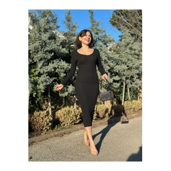 Kadın Fitilli Basic Uzun Kollu Siyah Triko Elbise