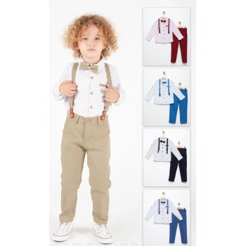 Erkek Çocuk Oxford Beyaz Puanlı Gömlekli Papyonlu Bej Pantolonu Takım