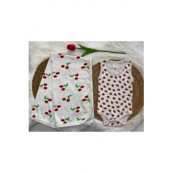 Fitilli Kırmızı Meyve Desenli Body&Zıbın ve Battaniye 2Lİ