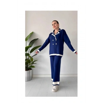 Kadın Düğmeli Şerit Detaylı İkili Triko Takım