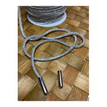 6 mm Gümüş Taşlı Kordon Yuvarlak Şerit Taş Süsleme Aplik (2 Kordon Uç)