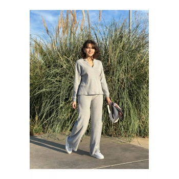 Kadın Fitilli V Yaka İspanyol Paça Triko Takım Alt Üst