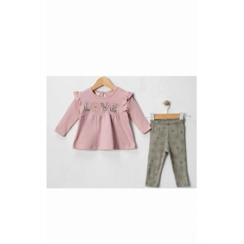 Love Baskılı Kız Bebek 2Li Taytlı Takım