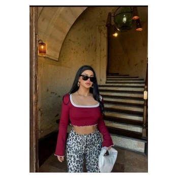 Kare Yaka Fitilli Kaşkorse Crop Uzun Kollu Bluz