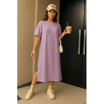 Kadın Süprem Kumaş Uzun Oversize Kalıp Yırtmaçlı Elbise