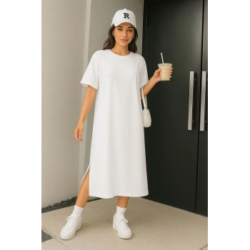 Kadın Süprem Kumaş Uzun Oversize Kalıp Yırtmaçlı Elbise