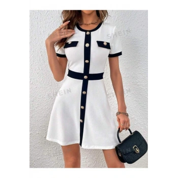 Kadın şerit Ve Düğme Detay Yakalı Mini Elbise