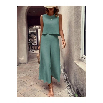 Kadın Aerobin Kumaş Geniş Paça Pantolonlu Takım