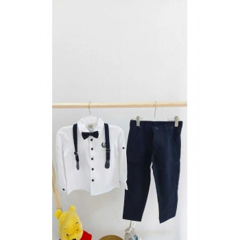 ERKEK ÇOCUK LACİVERT PAPYONLU SALOPETLİ GÖMLEK PANTOLON TAKIM