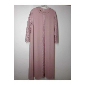 PEMBE ŞIK TAŞ İŞLEMELİ BÜYÜK BEDEN ANNE ABİYE ELBİSE