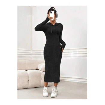 Kadın Kaşkorse Kumaş Kapüşonlu Maxi Boy Elbise